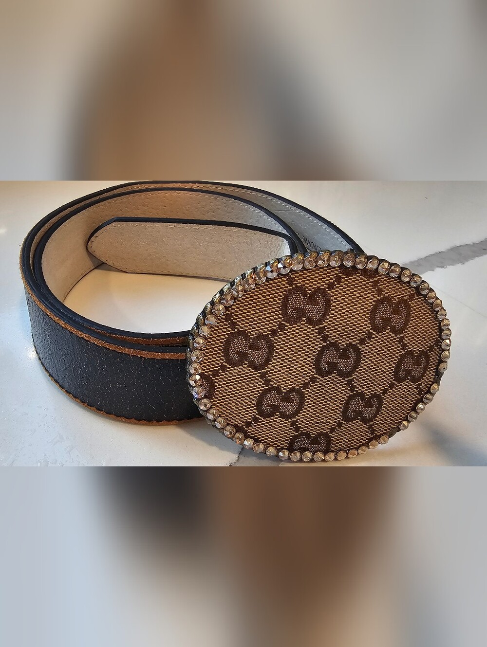 Vintage Black Leather Belt with Bling Rhinestone Oval Buckle, GG Monogram Fabric